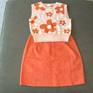 Altar’d State Mini skirt orange small flower imprint with sweater vest small